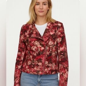 Carson Kressley Faux Leather Floral Print Asymmetrical Zip Moto Jacket M